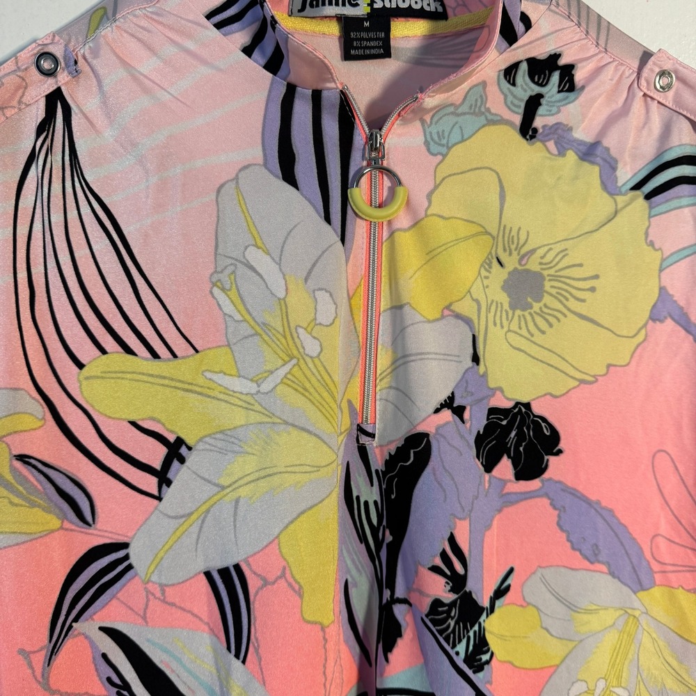 Jamie Sadock Pink Floral Quarter Zip Golf Polo Sleeveless Top M Neon Retro Y2K - Picture 2 of 6